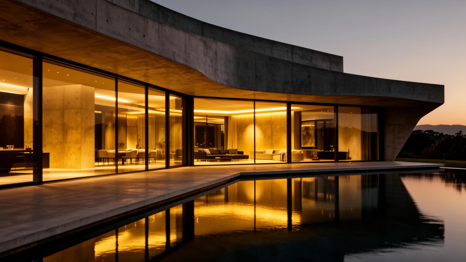Sculptural concrete villa at dusk